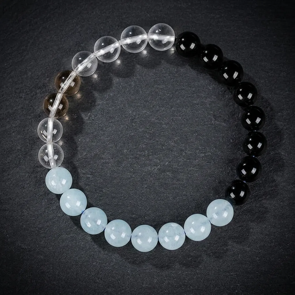 JiStones Celestial Harmony Bracelet: 5A Grade Aquamarine, Silver Obsidian & Clear Quartz Celestial Harmony (Aquamarine, Obsidian & Quartz)-8mm (Classic Balance)