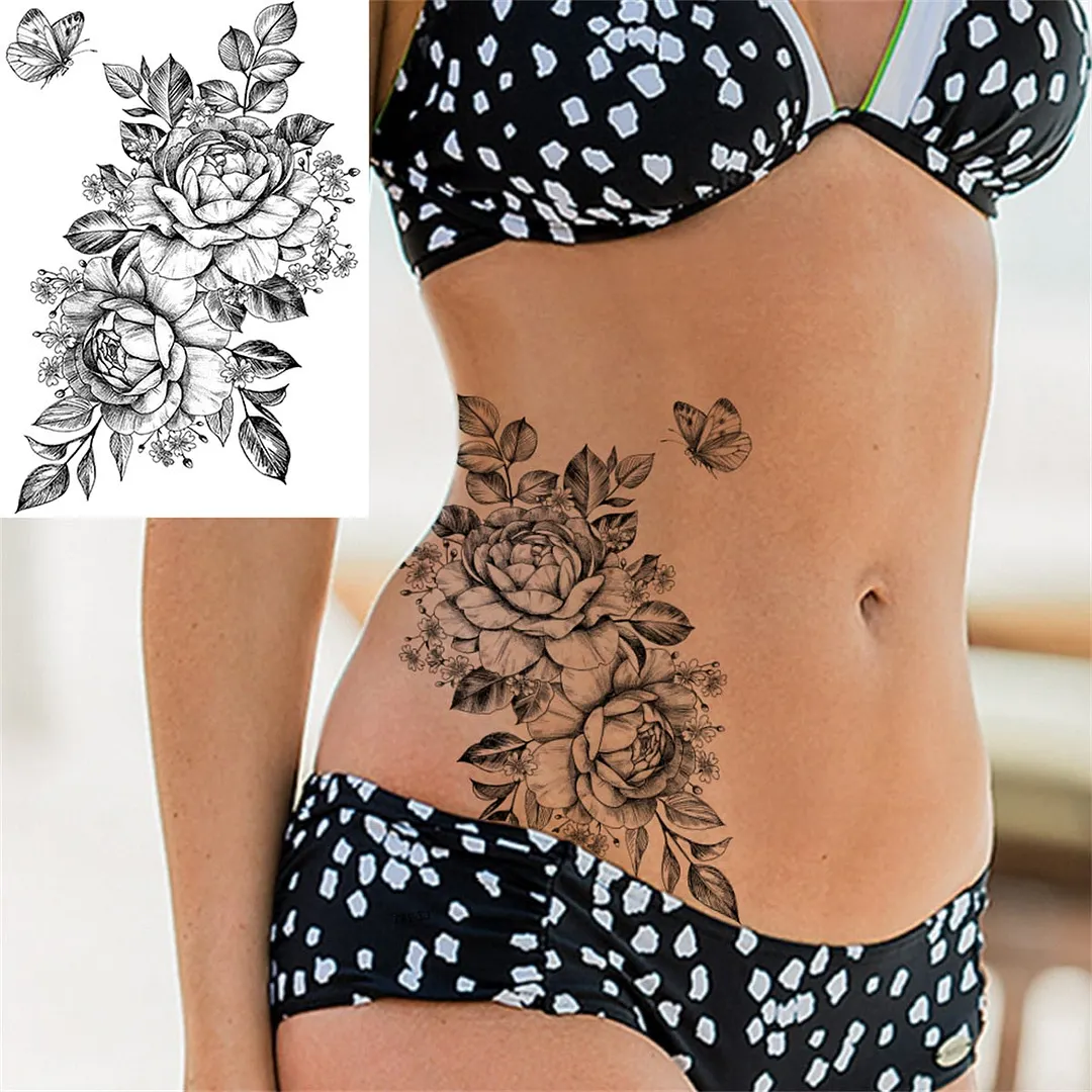 Flower Compass Temporary Tattoo For Women Girls Adult Rose Peony Tattoos Sticker Fake Black Floral Body Art Thigh Tatoos Paper