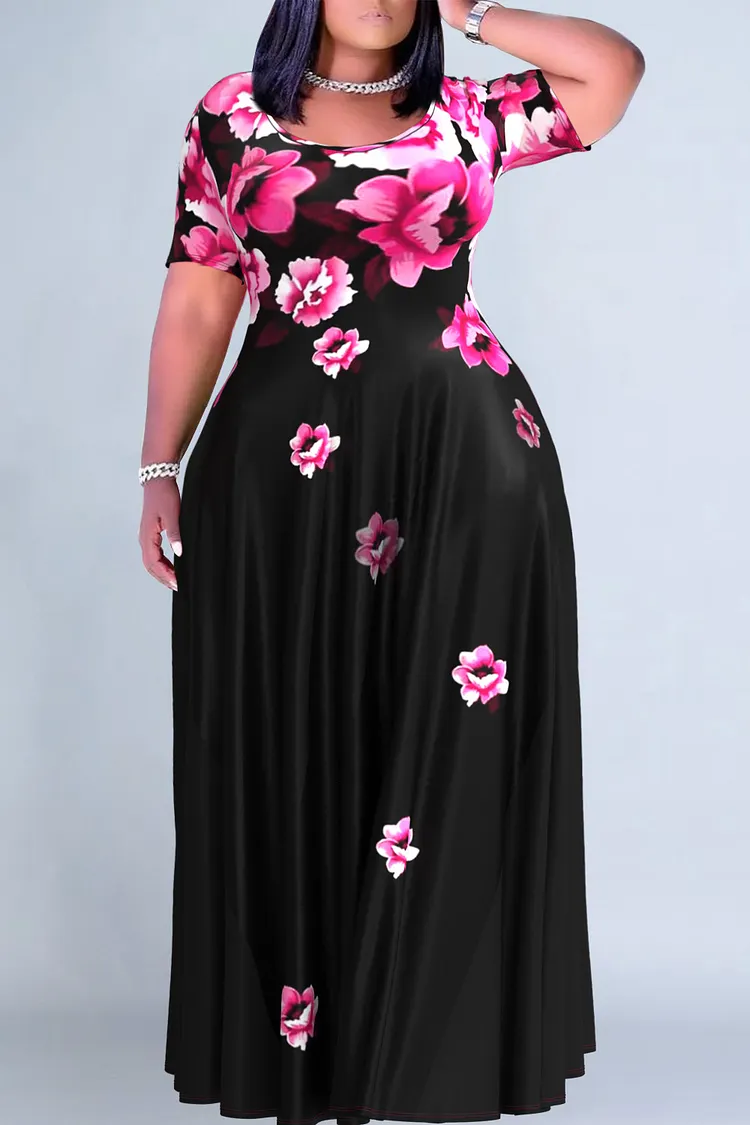 Plus Size Casual Rose Red Floral Print Short Sleeve Maxi Dresses 2024 - Xpluswear