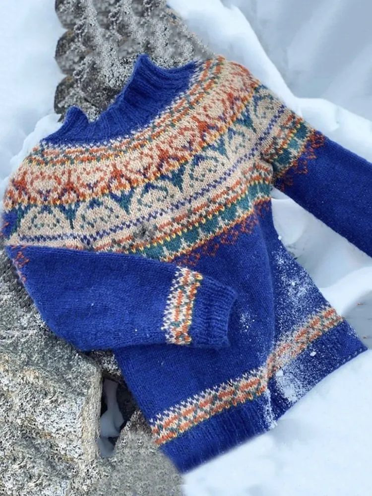 Vintage Alasuq Warmth Knit Jacquard Icelandic Crew Neck Sweater（Unisex）