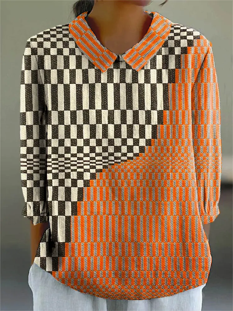 Women's Abstract Geometric Pattern Art Print Casual Cotton And Linen 3/4 Sleeve Shirt