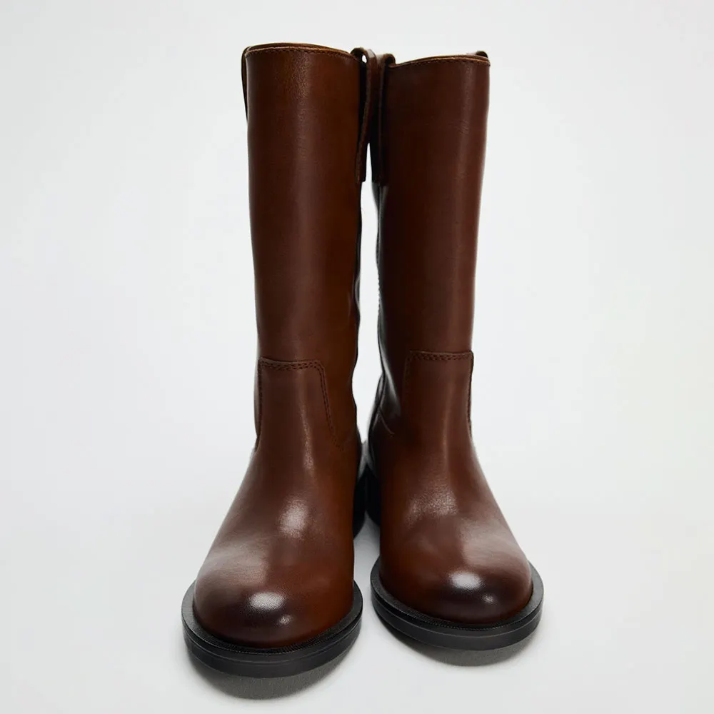 Classic Brown Round Toe Chunky Heel Pull Strap Wide Mid Calf Boots
