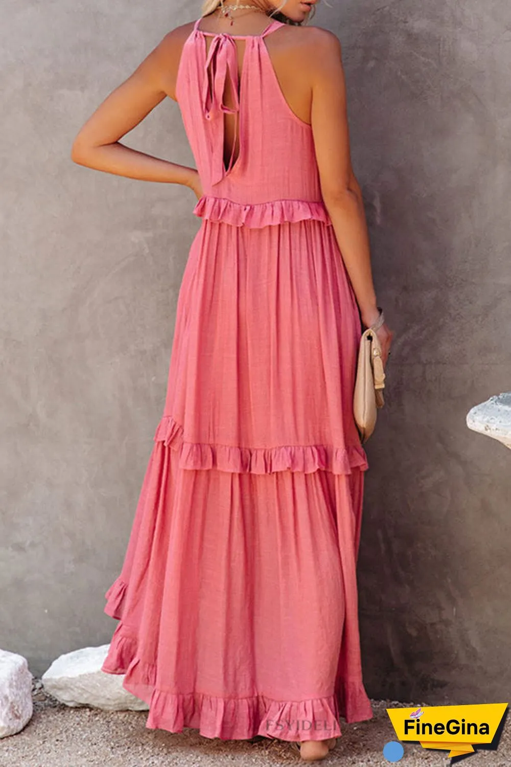 Pocketed Halter Textured Maxi Dress