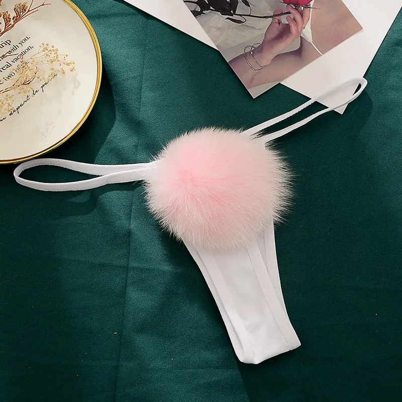 Billionm Womens Sexy Thong Pantie Cute Rabbit Tail G-String Fur Ball Bikini T-Back Cosplay Underwear exotic panties