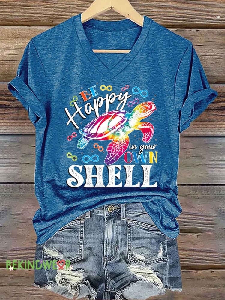 Women&rsquo;s Autism Awareness Colorful Turtle Crew Printed Short-Sleeved T-Shirt Blue / S