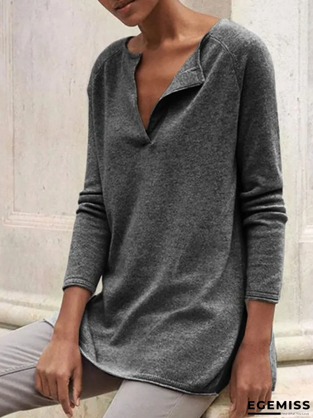 Gray Plain Casual Cotton-Blend Sweater | EGEMISS