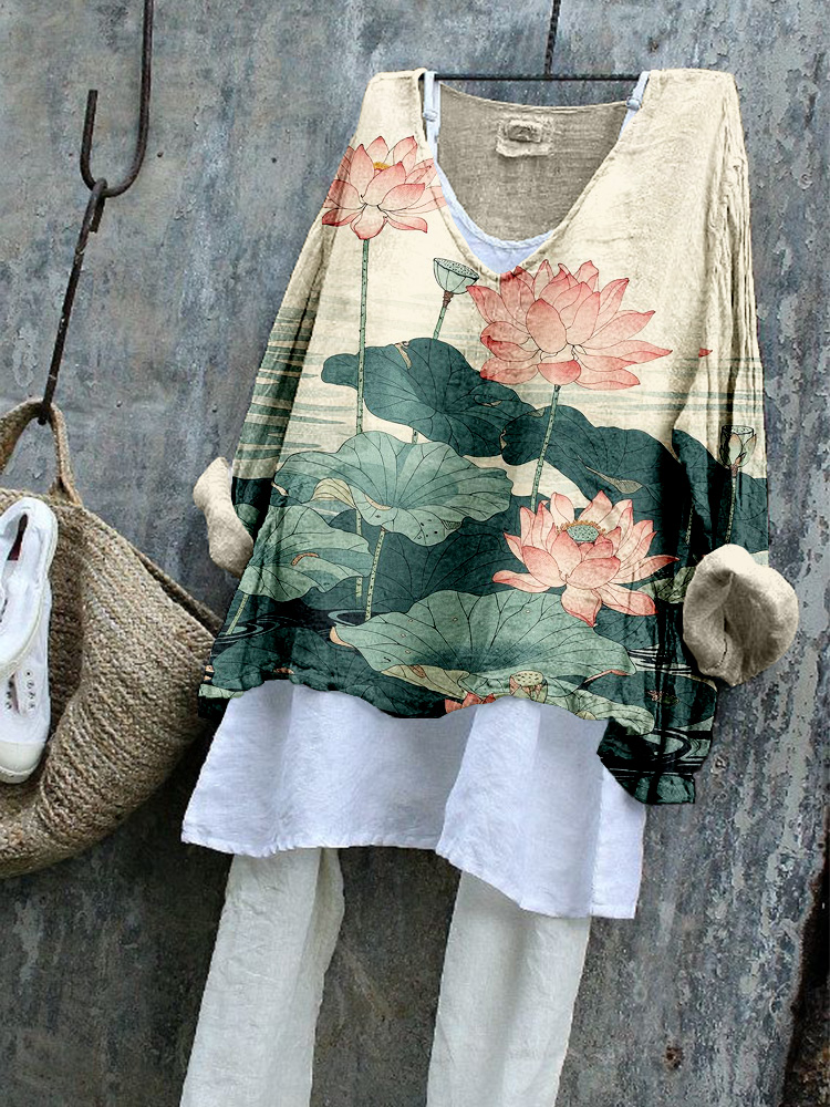 Japanese Lotus Flower Woodcut Art Linen Blend Shirt
