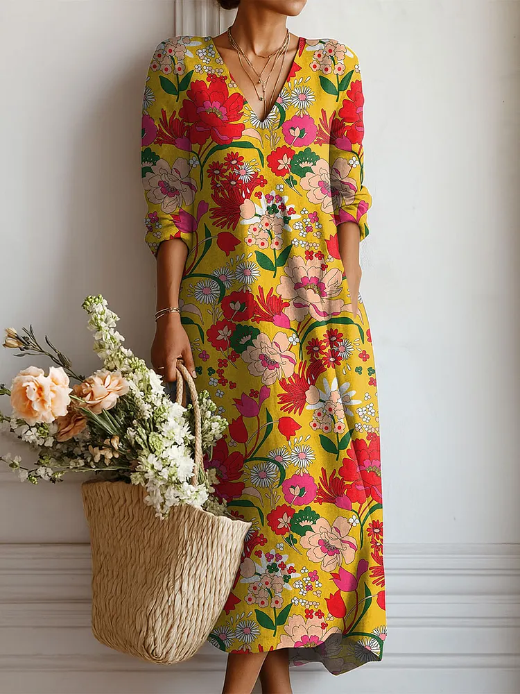 Women's Vintage Flowers Pattern Art Print Linen Pocket Dress