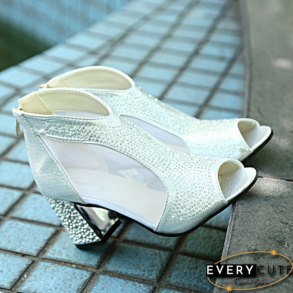 Women Sandals Bling High Heels Diamond Zipper Square Heel Women Shoes Wedding Shoes