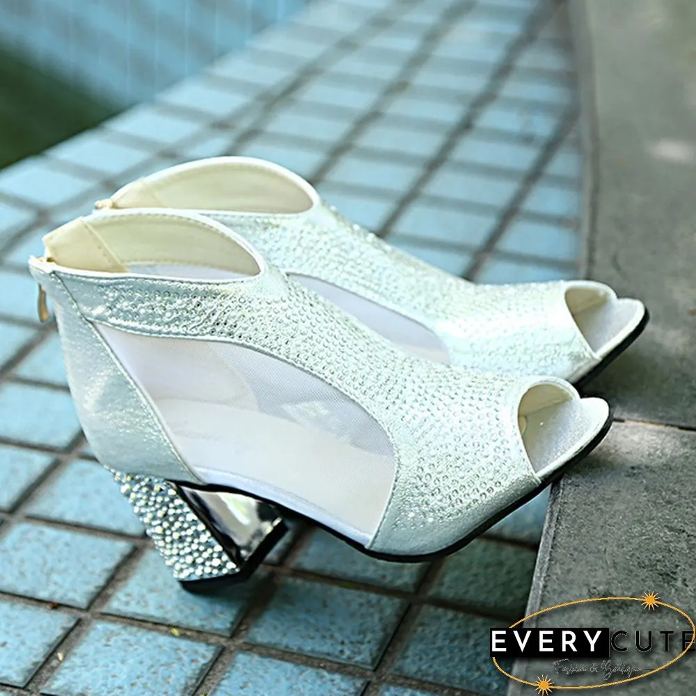 Women Sandals Bling High Heels Diamond Zipper Square Heel Women Shoes Wedding Shoes