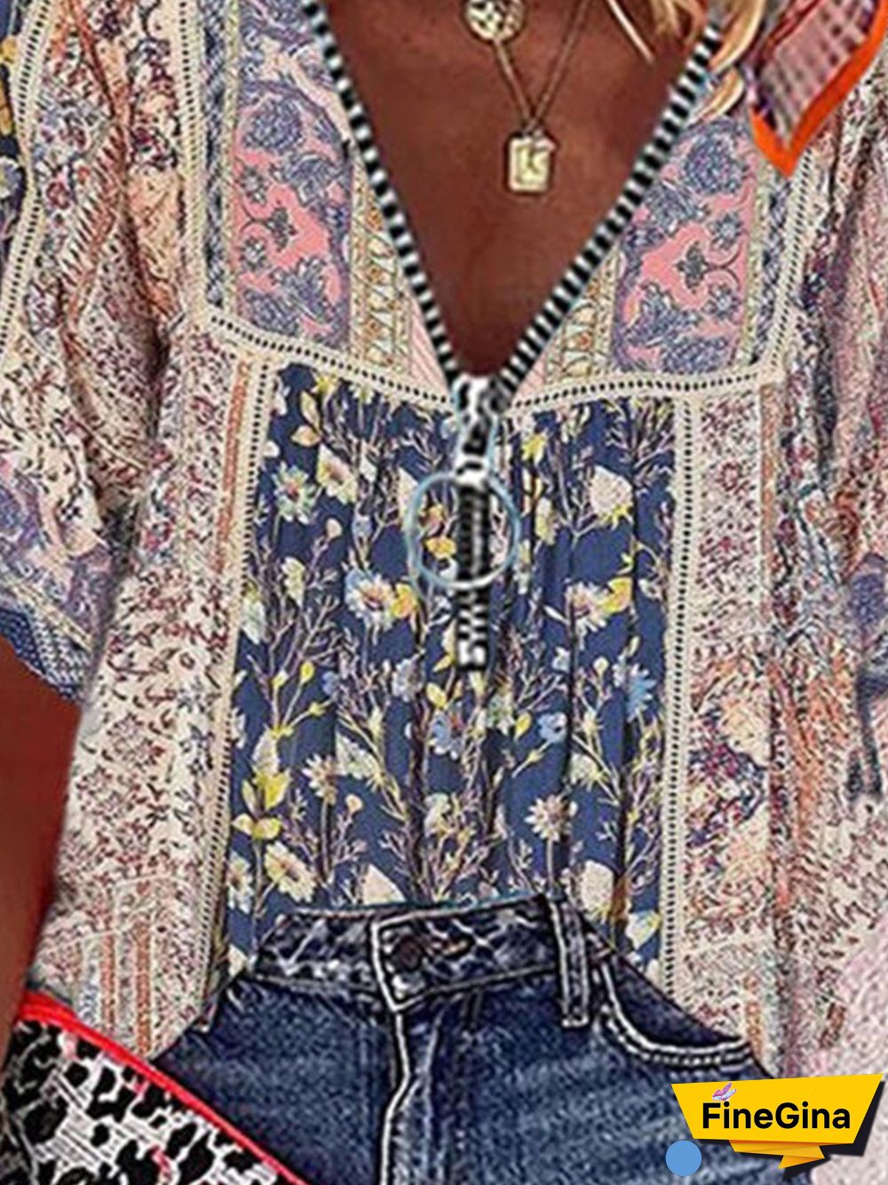 Vintage Short Sleeve V Neck Geometric Floral Printed Plus Size Casual Tops