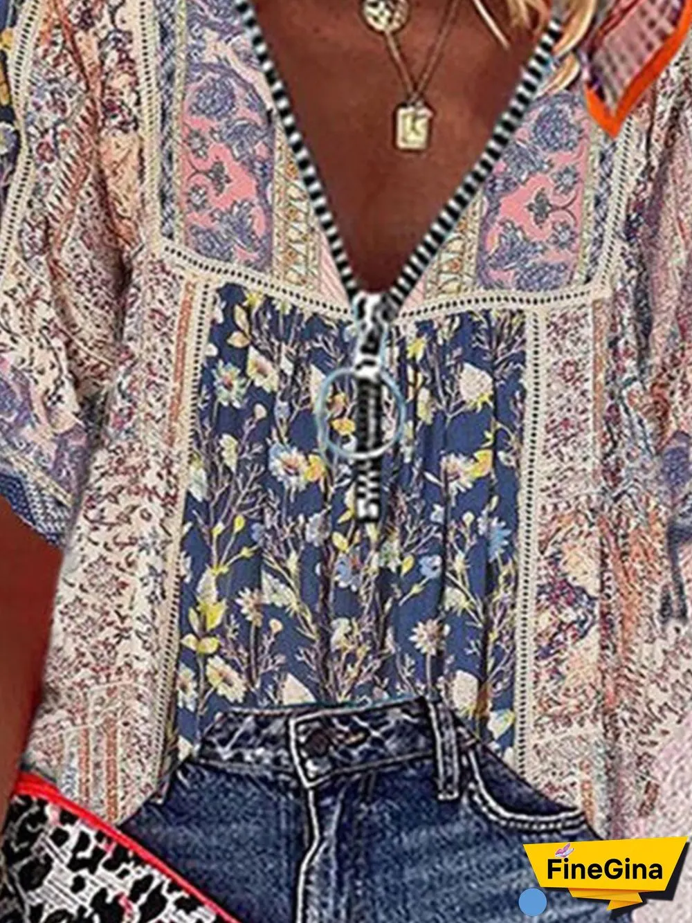 Vintage Short Sleeve V Neck Geometric Floral Printed Plus Size Casual Tops