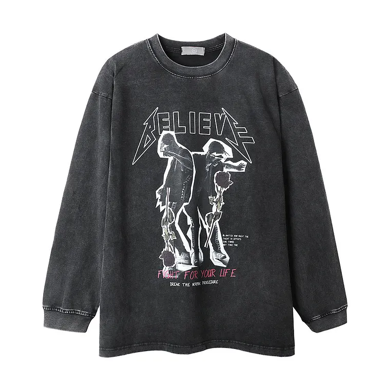 Men Long Sleeve T-Shirt Character Rose Printed Distressed Shake Bottoming Shirt