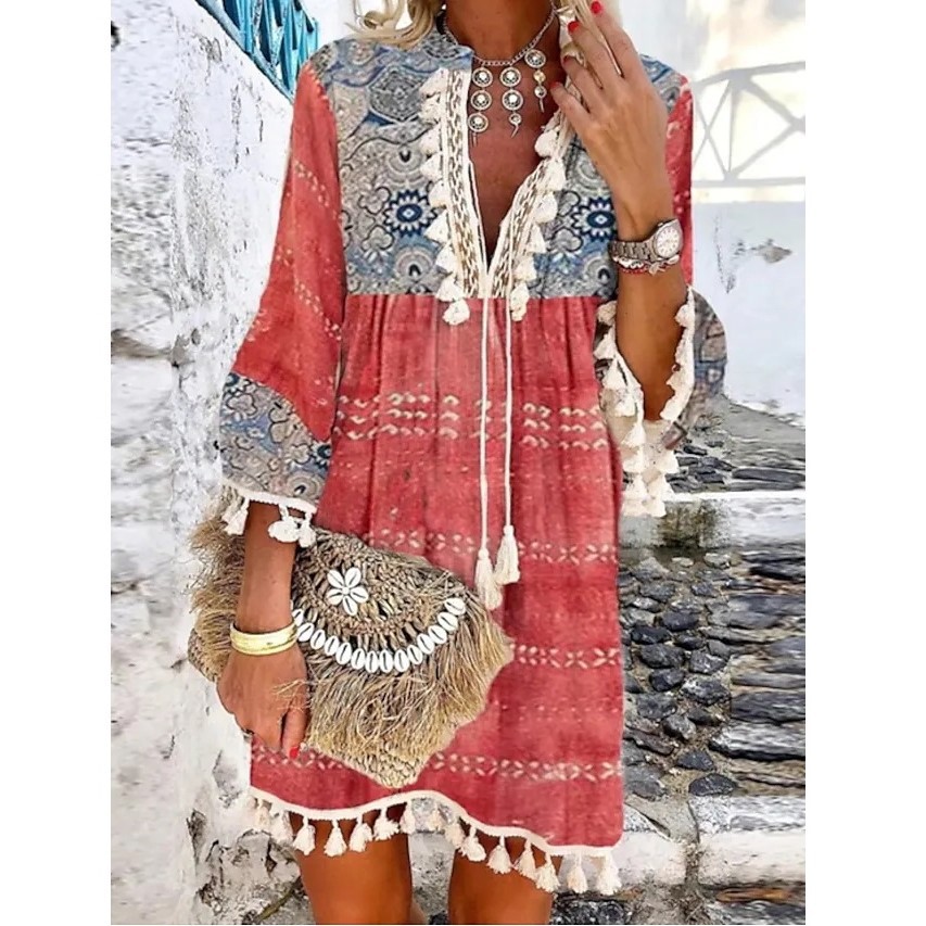 Printing a-Word Short Skirt Tassel Tied Boho Dress