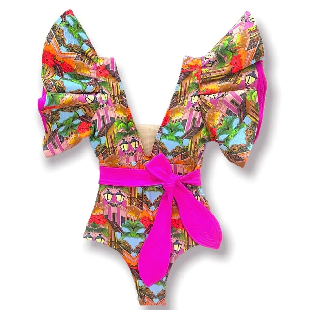 2022 New Sexy Ruffle Print Floral One Piece Strappy Slimming Swimwear Women Swimsuit Deep-V Bathing Suit Beach Wear Monkini