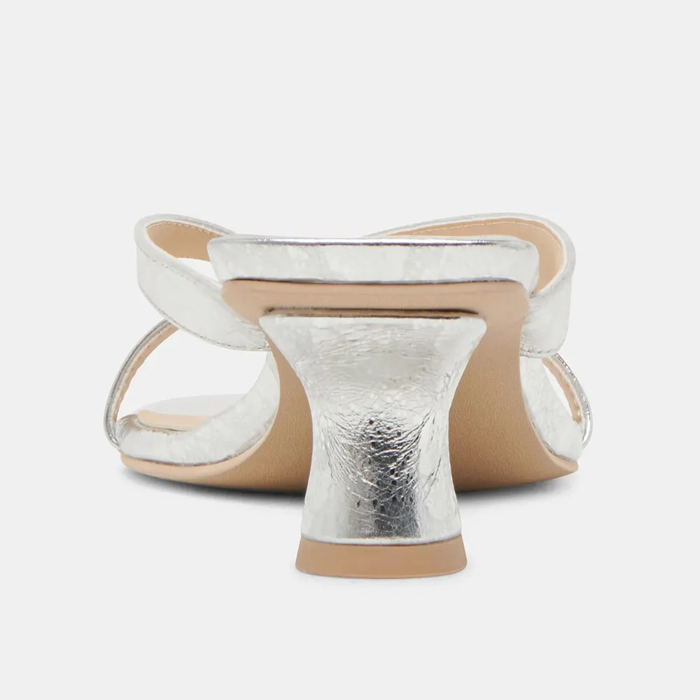 Silver Metallic Finish Open Square Toe Slide Sandals with Spool Heels