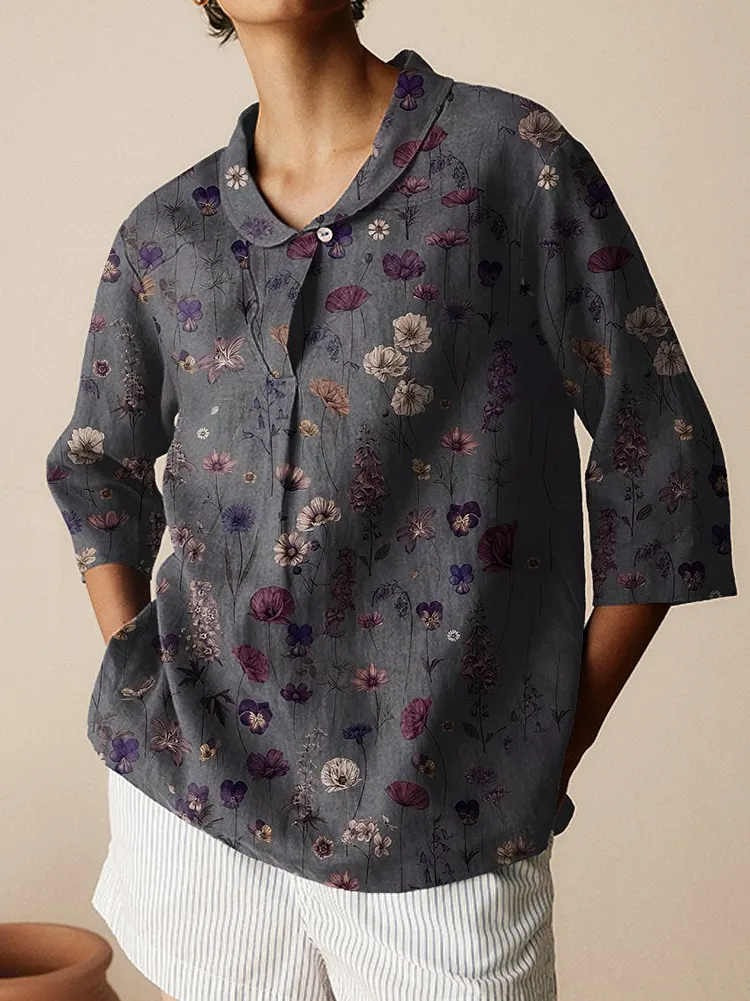 Womens Floral Art  Print Casual Linen Cotton 3/4 Sleeve Shirt
