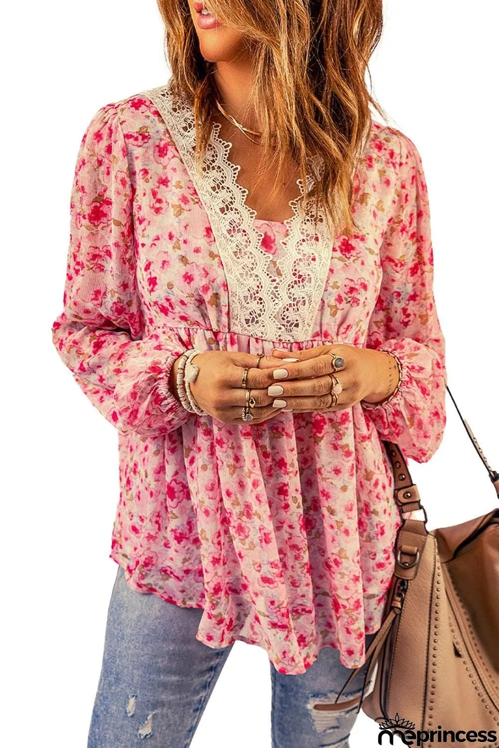 Floral Lace Trim Balloon Sleeve Blouse