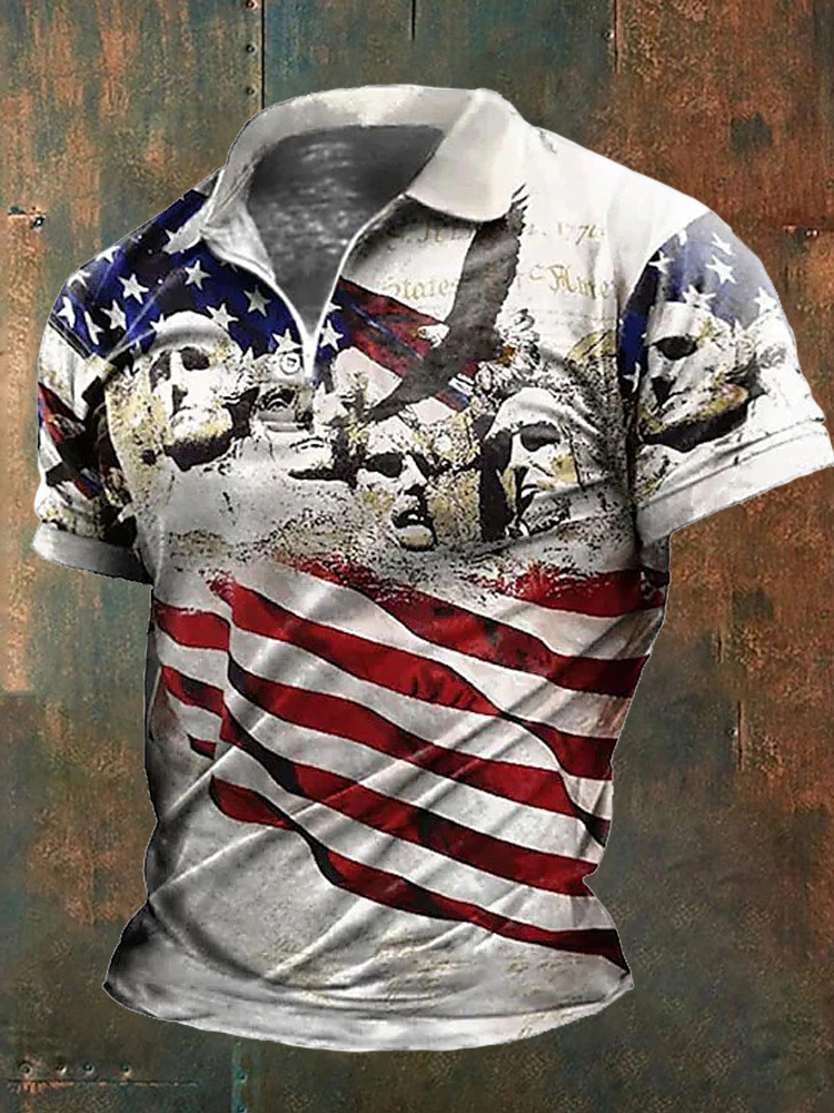 Independence Day Vintage Flag Statue Print Men's Zip Polo Shirt (1) artswardrobe