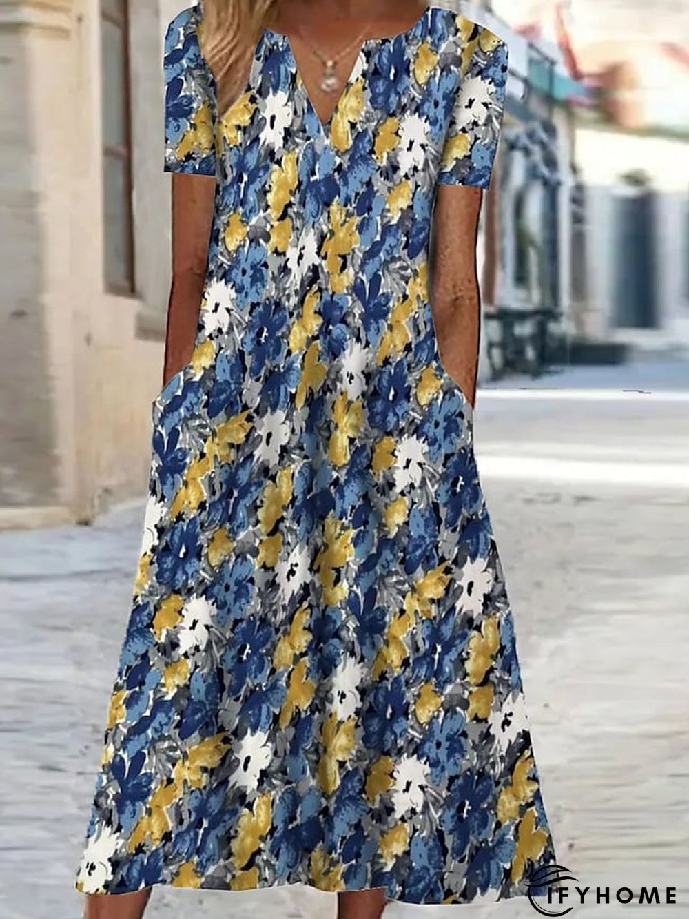 Women's Casual Dress Shift Dress Print Dress Floral Pocket Print V Neck Midi Dress Active Fashion Outdoor Vacation Short Sleeve Regular Fit Black Yellow Blue Spring Summer S M L XL XXL | IFYHOME