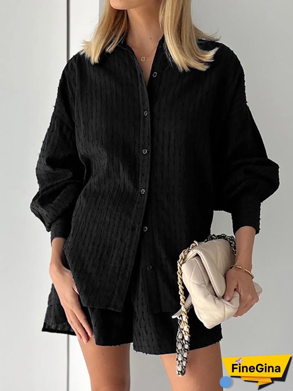 Women'S Sets Jacquard Long Sleeve Shirt & Shorts Two Piece Set