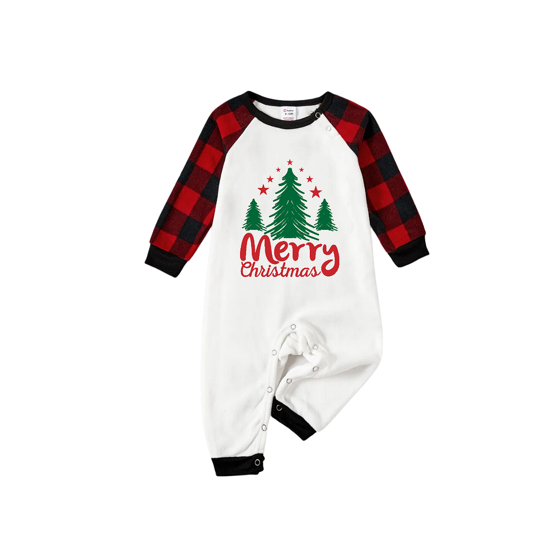 Merry Christmas Letter & Tree Printed Pattern White Long Sleeve Top And Red & Black Plaid Pants Family Matching Pajamas