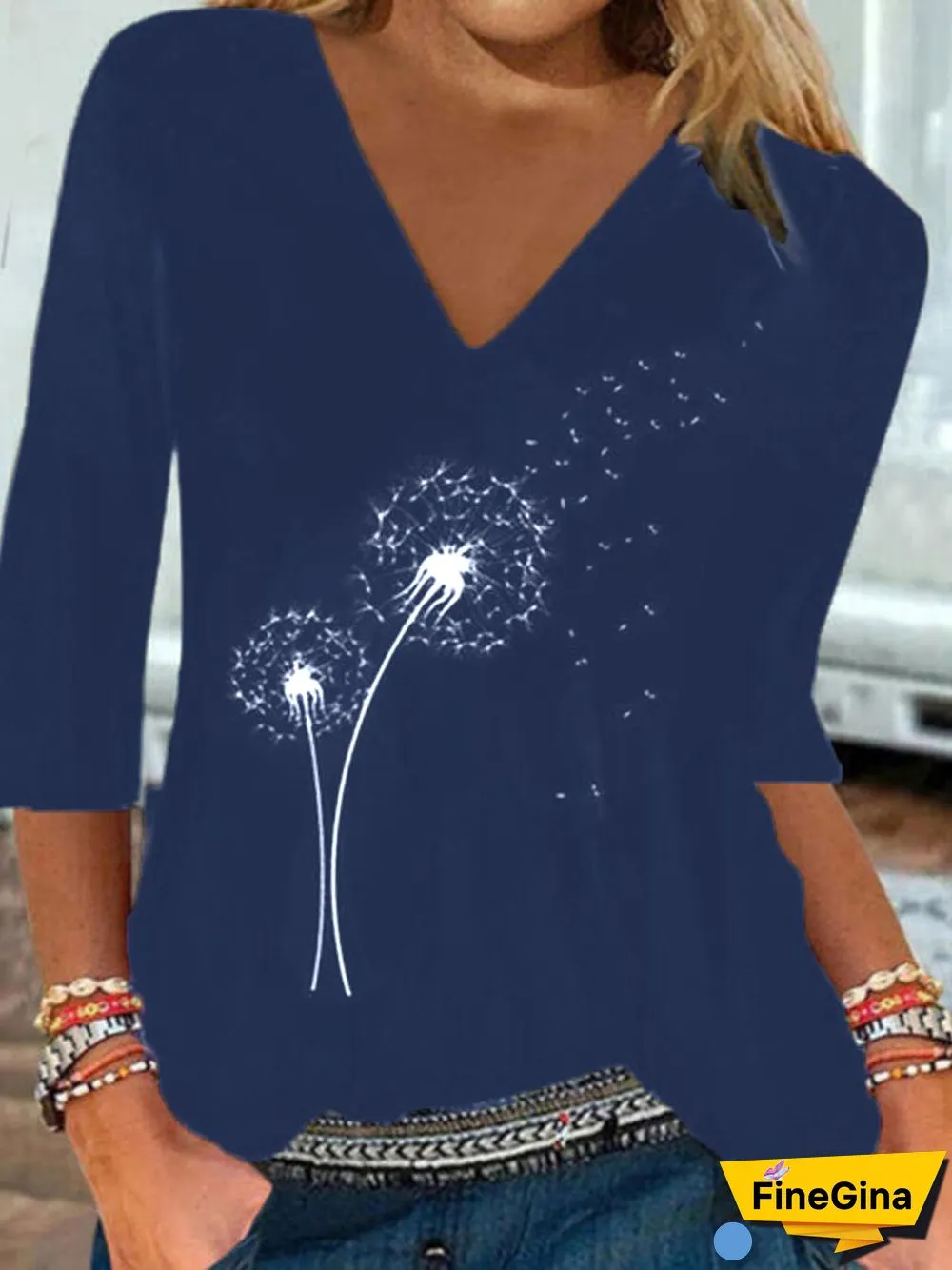 Vintage Dandelion Printed V-Neck 3/4 Sleeves Plus Size Casual T-shirts