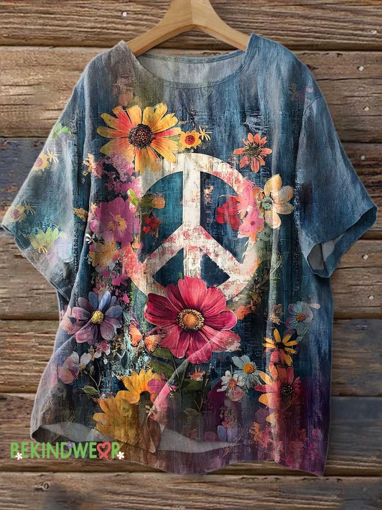 Women&rsquo;s Floral Peace Sign Love and Peace Print Casual Linen Crew Neck Shirt Multicolor / S