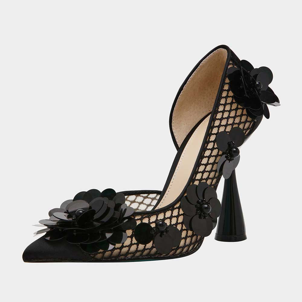 Black Mesh Pointed Toe Flared Heel Sequin Floral Decor Pumps Shoes Nicepairs