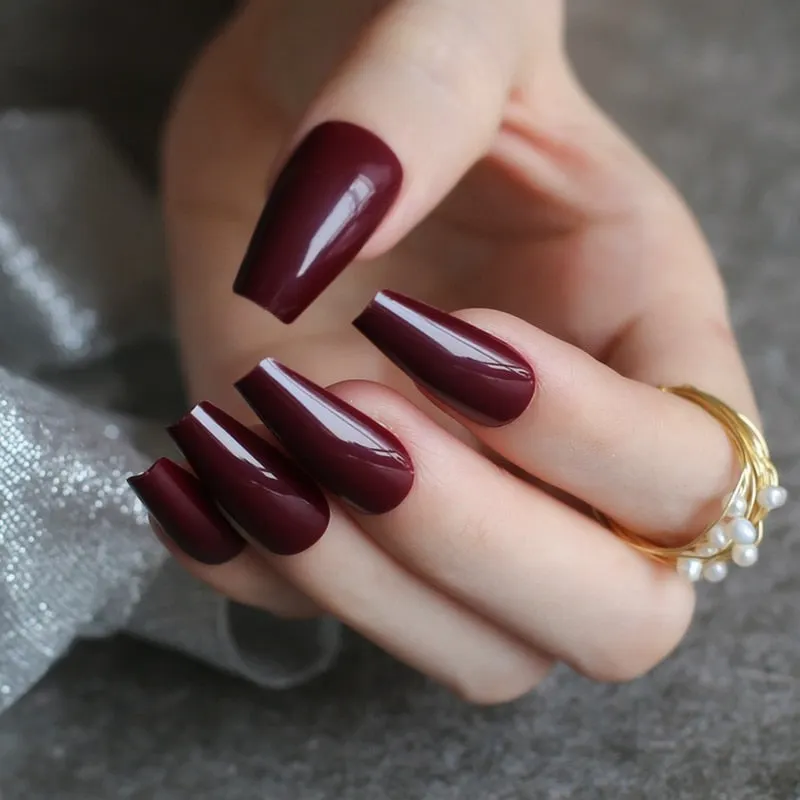 Glossy Ballet false nails red Long coffin Salon art matte Fake nails Transparent rectangle-Nail Inspo