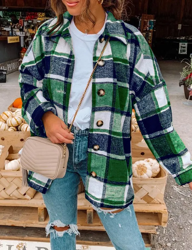 Plaid Button Pocket Long Sleeve Shirt Coat