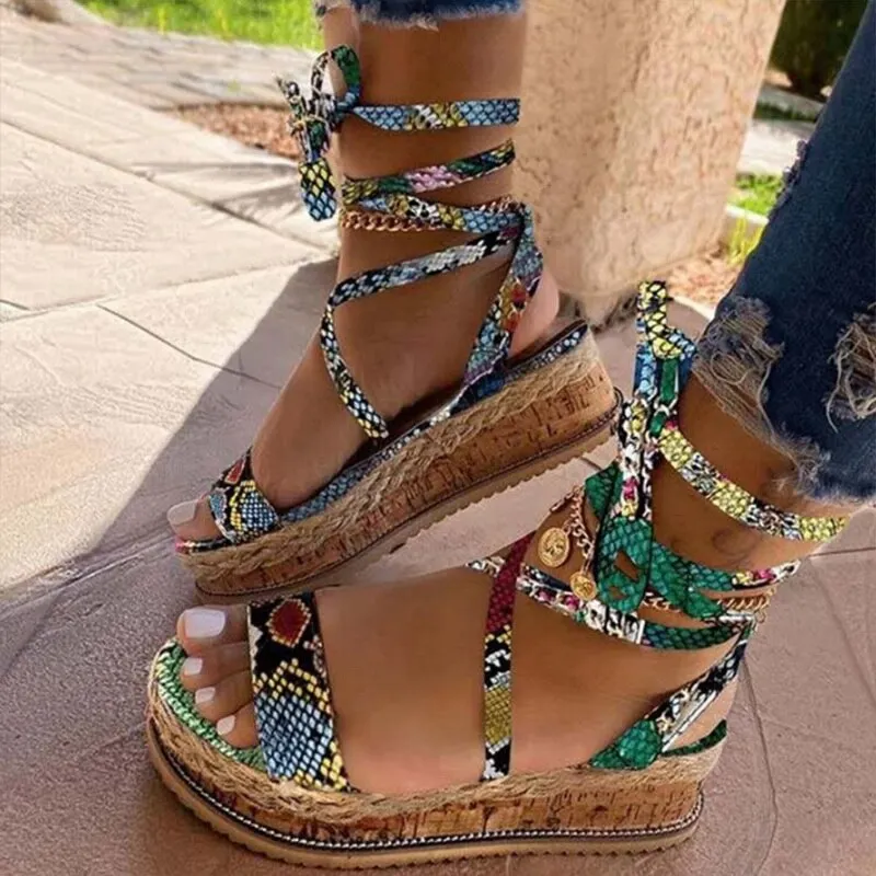 Wedges Heels Fashion  Shoelaces Snake Printed Summer INS Hot Shoes Women Sandals
