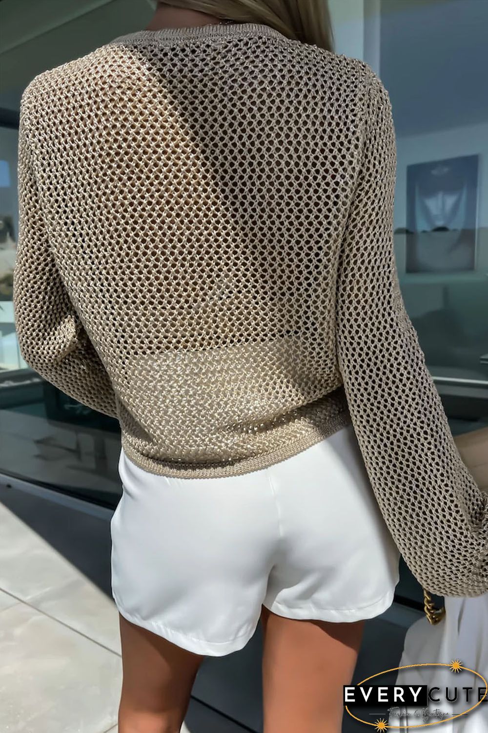 Khaki Hollow-out Knit Long Sleeve Top