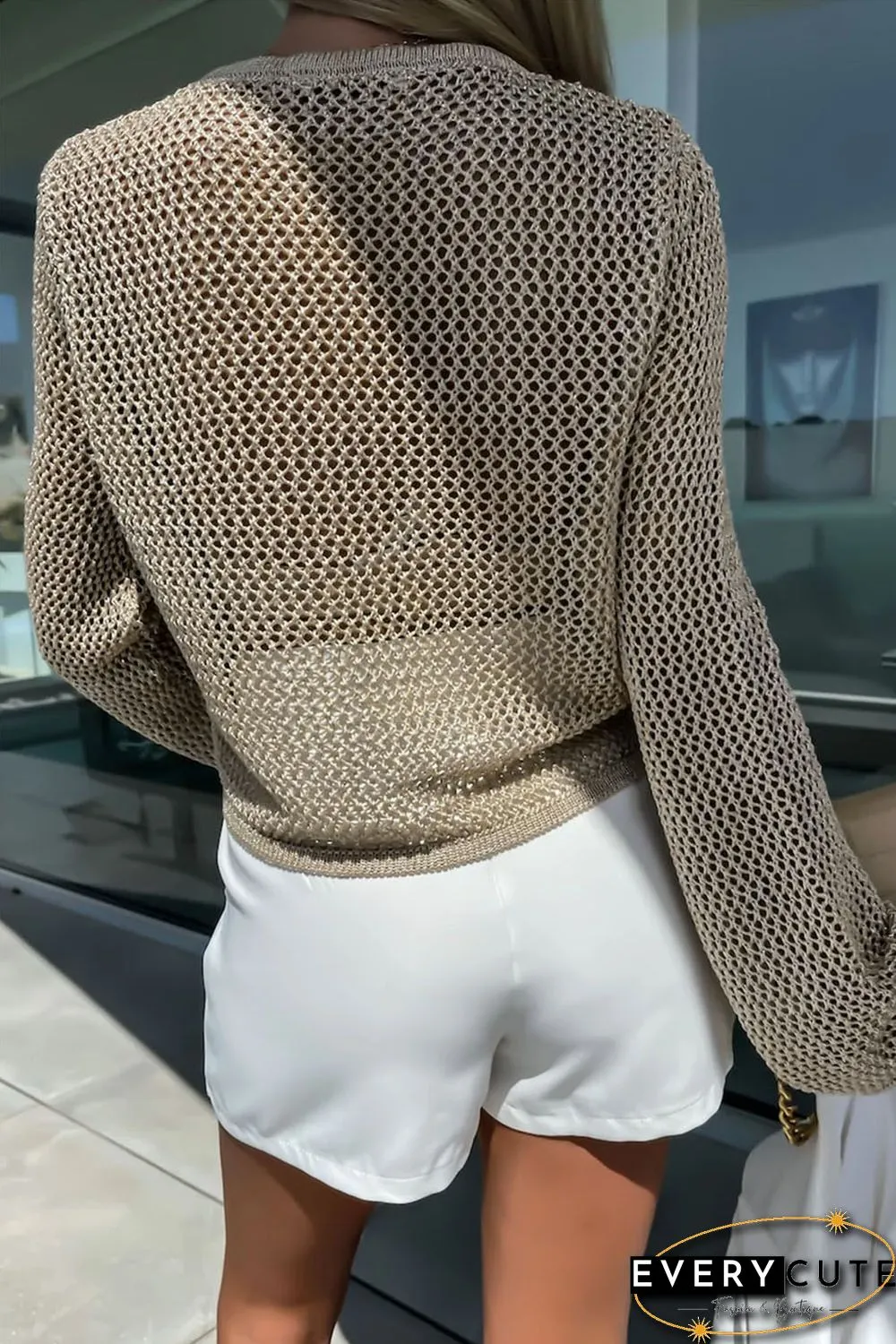 Khaki Hollow-out Knit Long Sleeve Top