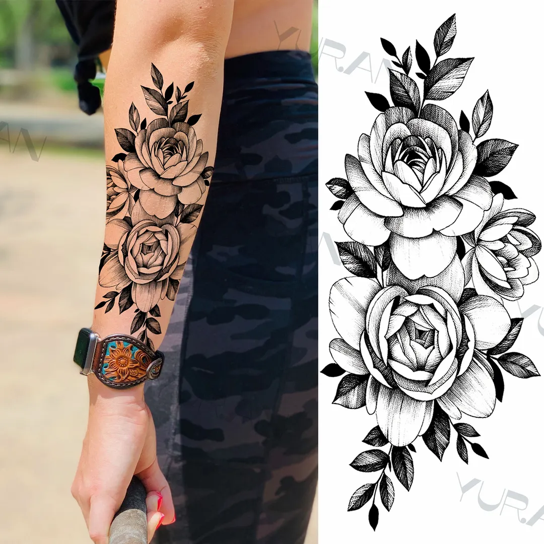 Black Large Snake Flower Fake Tattoo Sticker For Women Dot Rose Peony Temporary Tattoos DIY Water Transfer Tatoos Girls 530