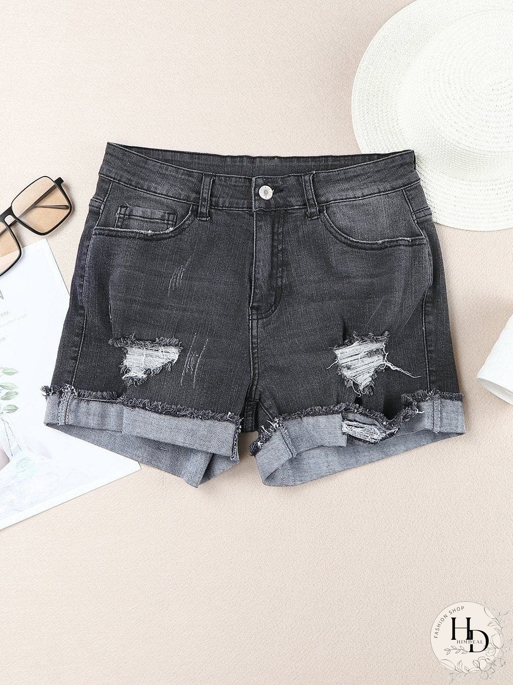 Vintage Chic Distressed Black Denim Shorts with Roll Hem