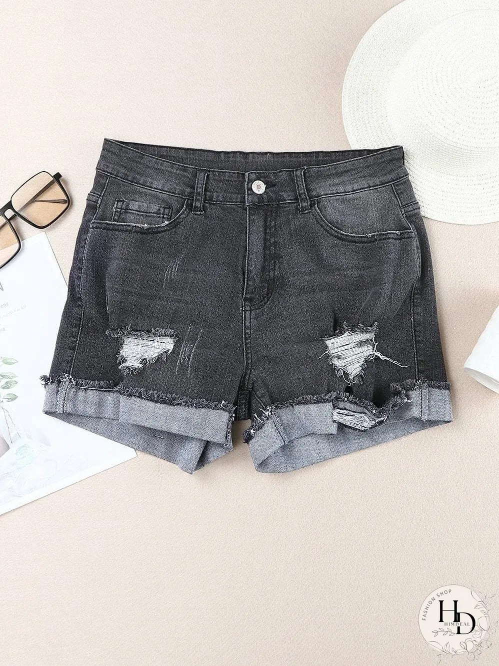 Vintage Chic Distressed Black Denim Shorts with Roll Hem