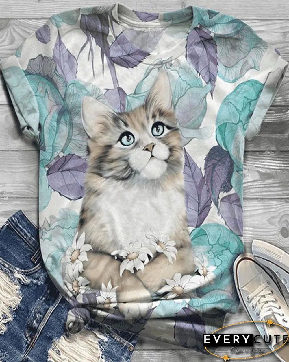 Plus Size Animal Printed Short Sleeve Crew Neck Casual Shirts & Tops