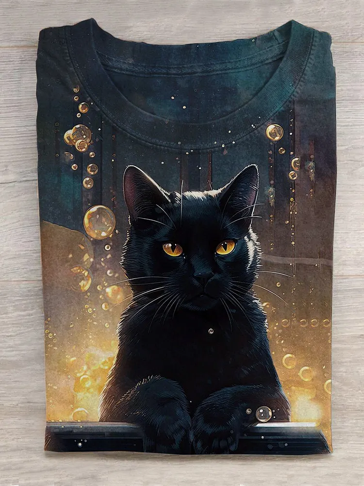 Unisex Halloween Cat Art Print Casual T-Shirt