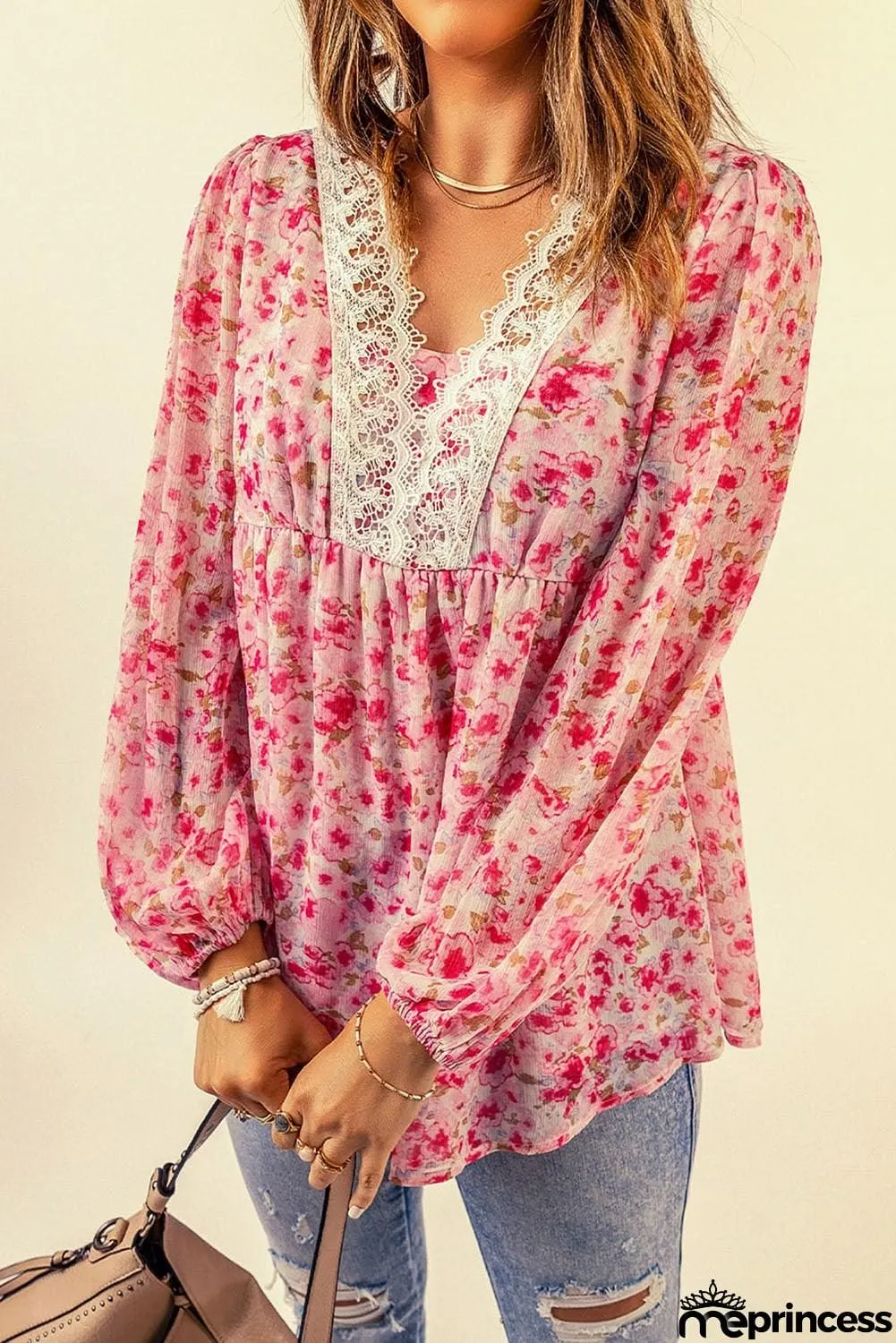 Floral Lace Trim Balloon Sleeve Blouse