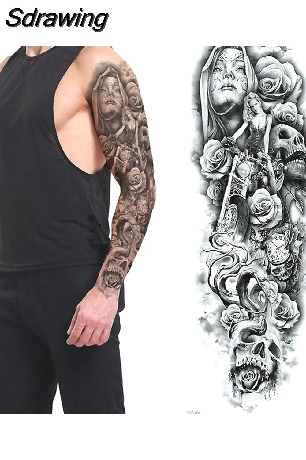 Sdrawing Full Arm Tattoo Lion Crown King Rose Waterproof Temporary Tatoo Sticker Wild Wolf Tiger Men Skull Totem Tattoo 430-1
