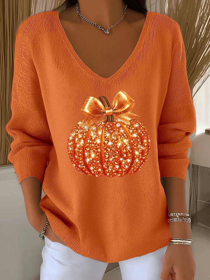 Women's Sequin Pumpkin Print Casual Striped Fabric Long Sleeve T-shirt 