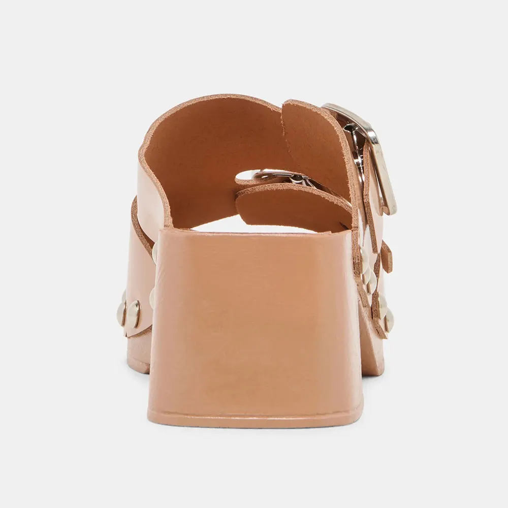 Square Toe Studded Mid Block Heel Buckled Nude Platform Mules