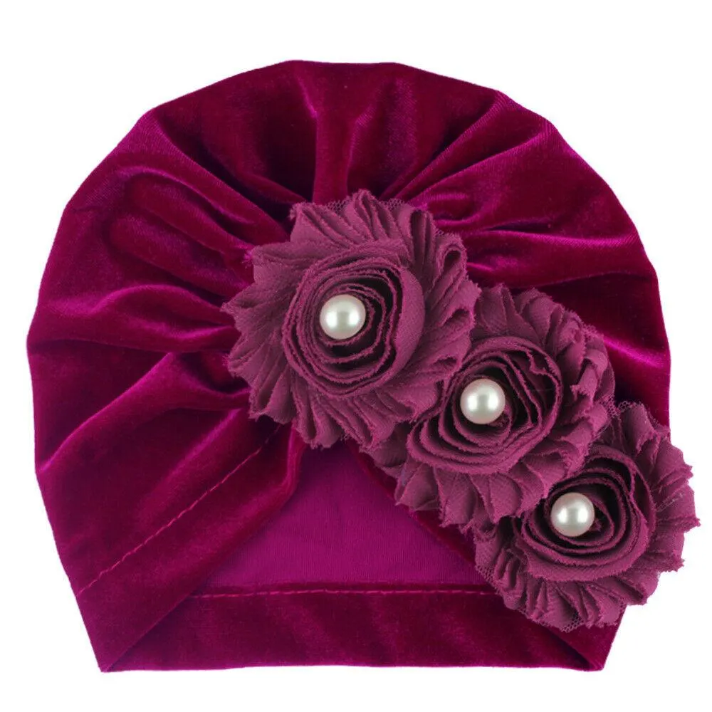 2019 Baby Accessories Newborn Infant Kids Baby Boy Girl Indian Turban Twist Knot Velvet Beanie Hat Pearl Flower Solid Soft Cap