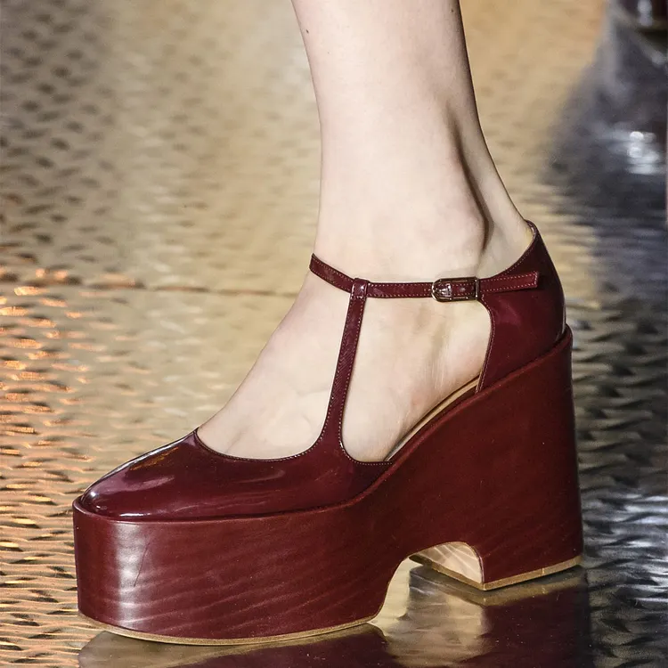 Burgundy Patent Leather Platform Wedge Pumps Vdcoo