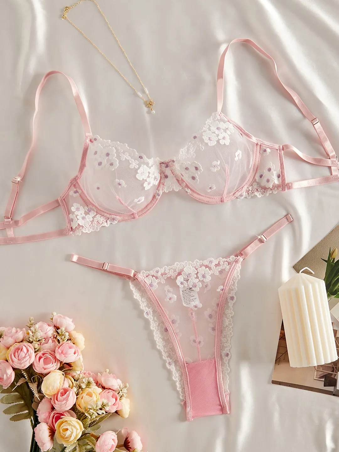Sdrawing French Sweet Print Embroidery Mesh Perspective Comfort Set In Autumn 2025