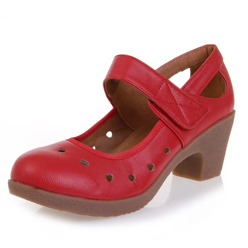 GKTINOO 2022 Cut Out Women Pumps Breathable Women Shoes Hook&Loop Thick High Heels Soft Mary Janes Dancing Shoes Leather