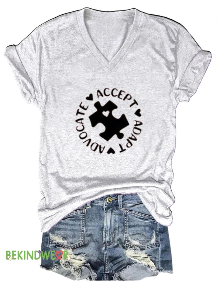 Puzzle Autism Awareness Printed Casual V-Neck Short Sleeve T-Shirt White / S