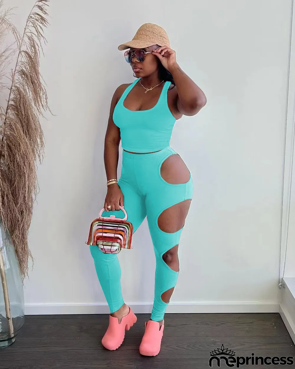 Solid Tank Top Hole Pants Two Piece Sets