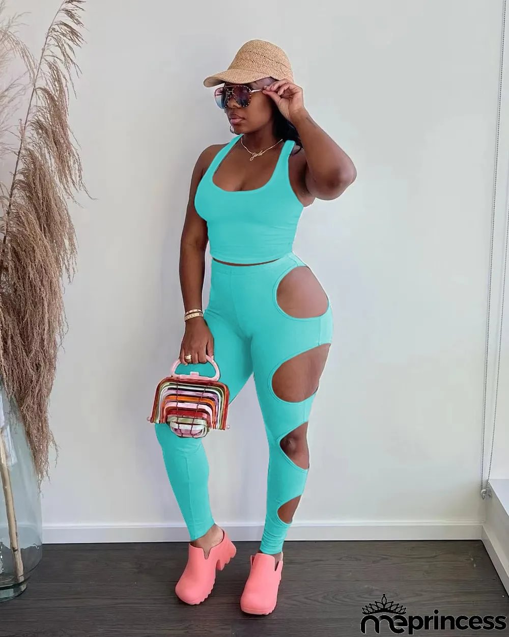 Solid Tank Top Hole Pants Two Piece Sets